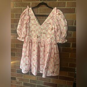 QUEEN OF SPARKLES checkered horse bit cotton dress in pink white